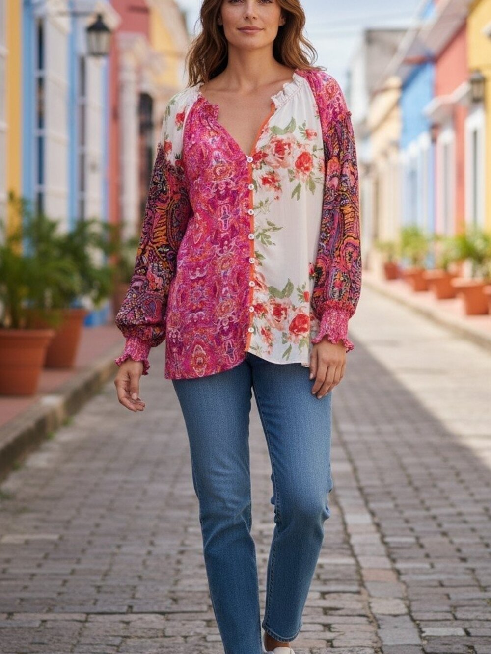NWT LOVESOFT (LG) Patchwork Flower Bohemian Top Long Sleeves